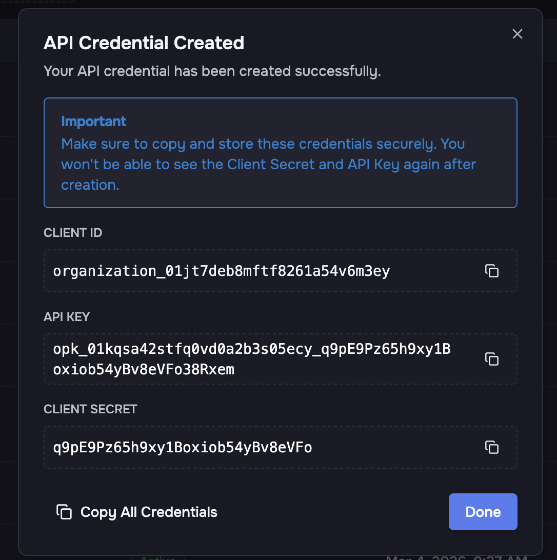 API credential created dialog