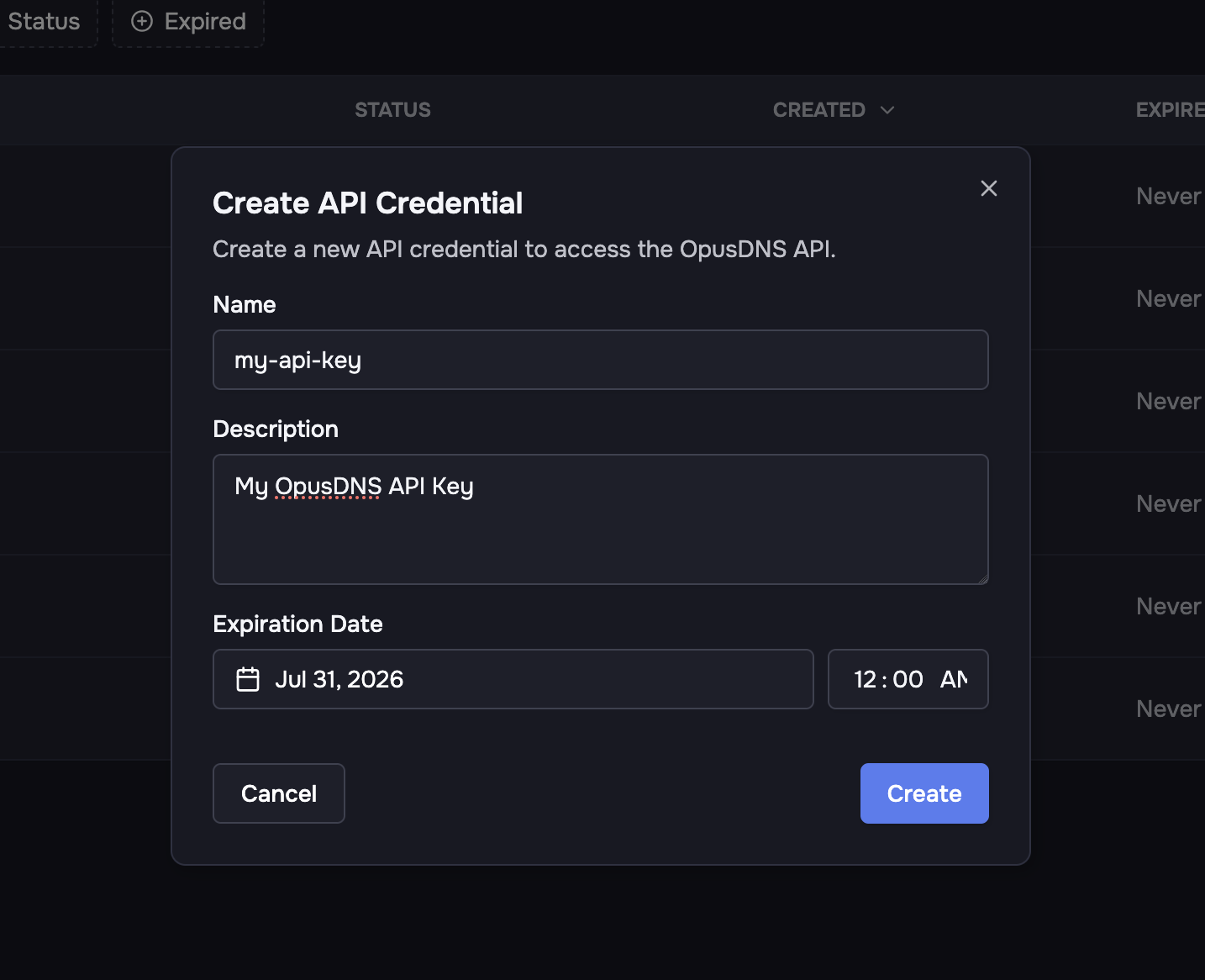 Create API credential dialog